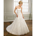 A-line Sweetheart Strapless Satin Organza Lace Chapel Train Beading Ruffled Wedding Dress